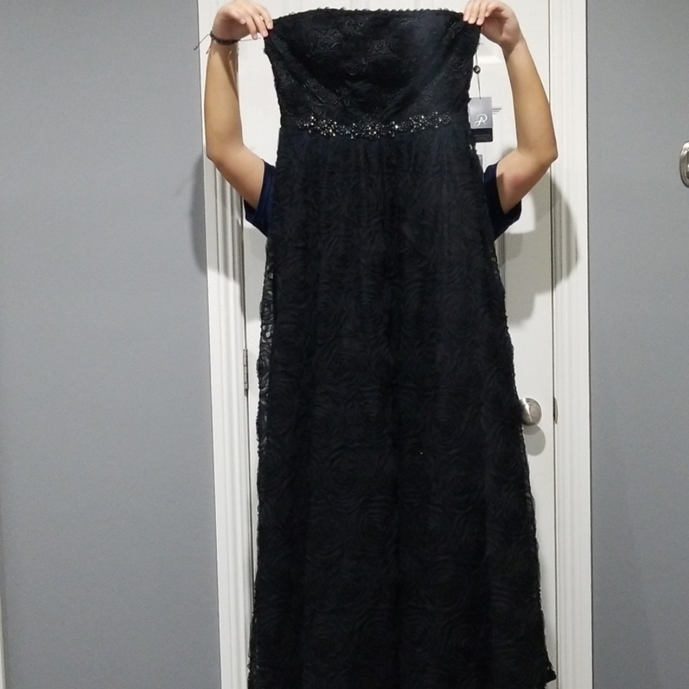 Black, strapless, long formal dress